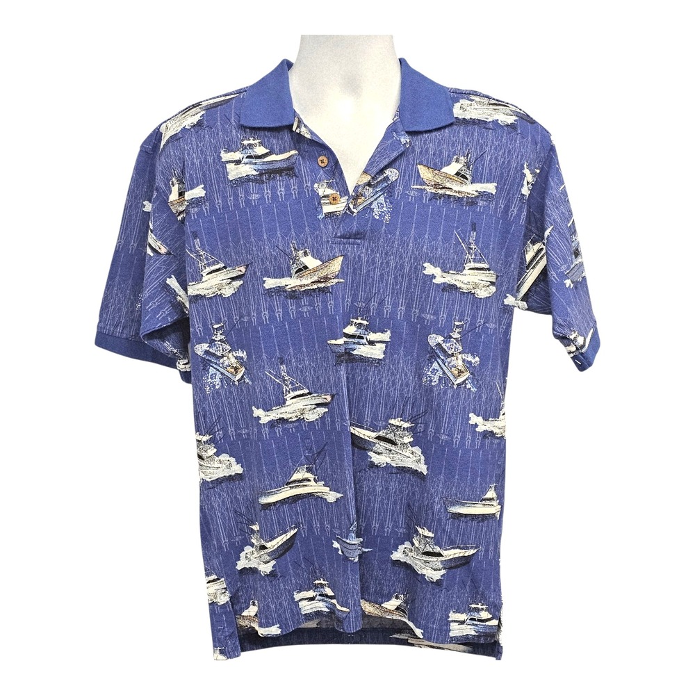 Bluewater Wear Short Sleeve Polo Shirt Cotton Print Blue/Gray Size Large